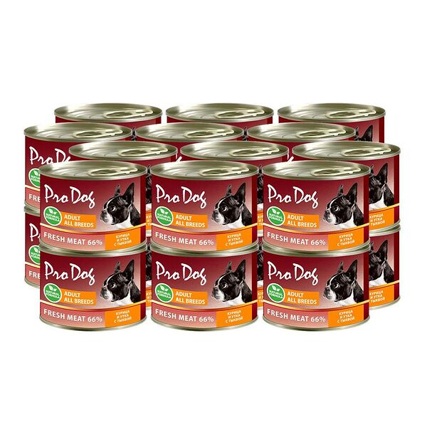 Корм для собак PRO DOG курица, утка, тыква банка 200г (упаковка - 24 шт)