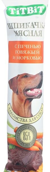 Лакомство для собак TiTBiT Шпикачка мясная с печенью говяжьей и морковью 50г