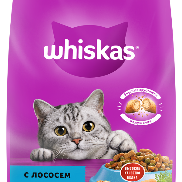 Сухой корм WHISKAS® для взрослых кошек «Подушечки с нежным паштетом. Обед с лососем», 5кг