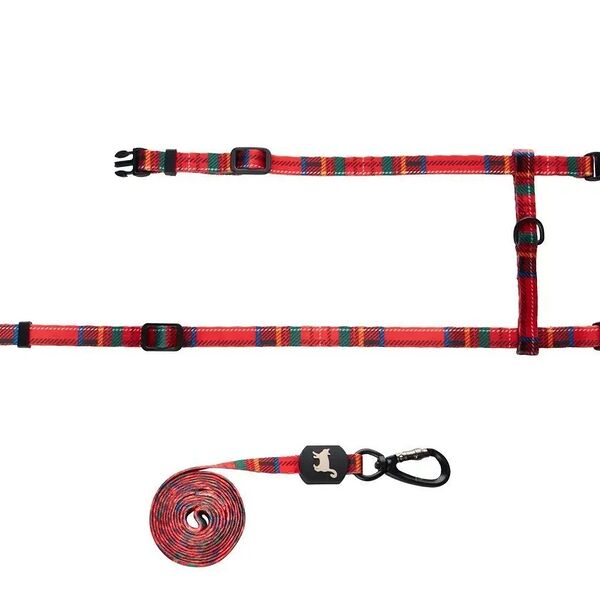 Шлейка для кошек ZOO ONE Шотландка красная 10мм 20х30/25х40см с поводком 120см