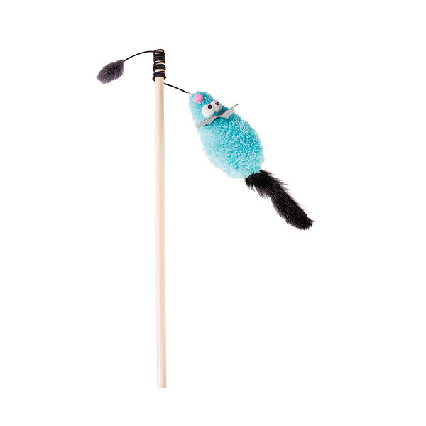 Дразнилка для кошек Мышь с хвостом из натуральной норки голубая, 15 и 75 см