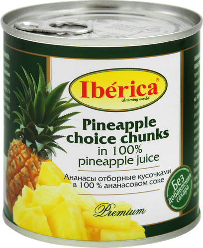 

Ананасы отборные Iberica кусочки в 100% ананасовом соке 435 мл