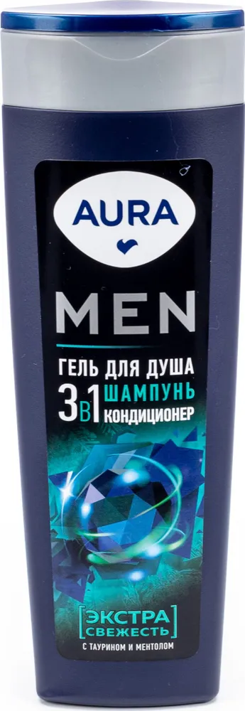 

Гель для душа 3 в 1 Aura Men Экстра свежесть с таурином и ментолом 380 мл