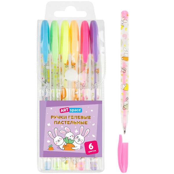 Набор ручек гелевых 6 шт Bunny 6цв 10мм пастельные ПВХ чехол  GP6_96958