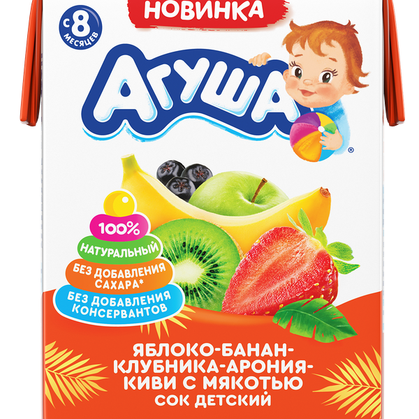 Сок из яблока, банана, клубники, аронии и киви 0,2 л ДП с 6 мес Агуша