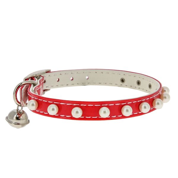 Каскад ошейник Синтетик двойной, прошитый для кошки с жемчугом и бубенчиком, красный