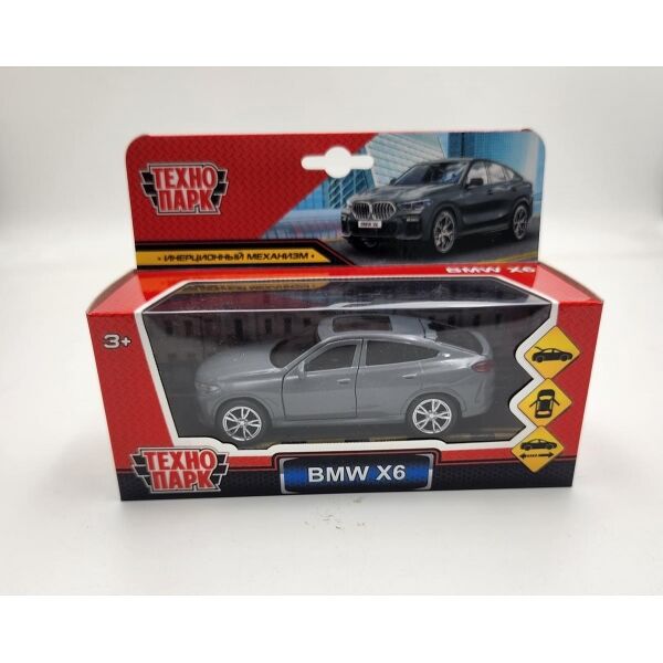 Машина металл BMW X6 длина 12 см двери багаж инер темно серый кор Технопарк