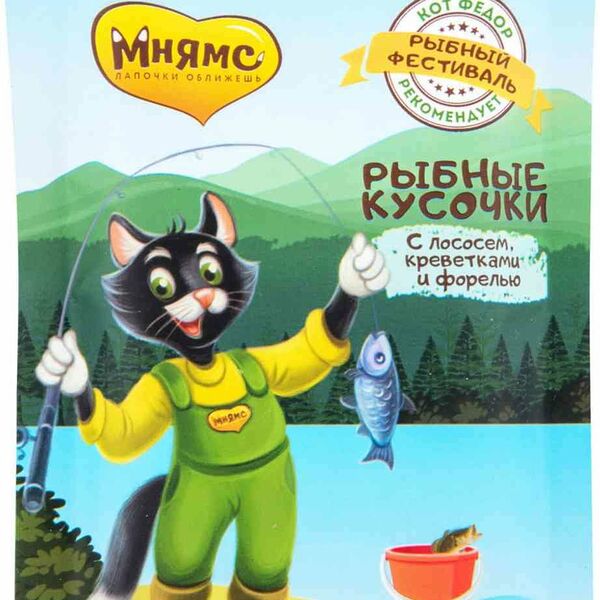 Корм для кошек Рыбные кусочки с лососем, креветками и форелью ТМ Мнямс