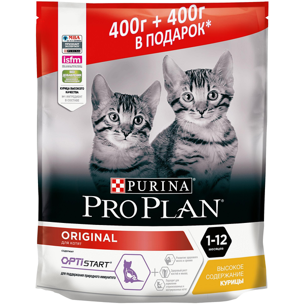 Сухой корм Pro Plan® для котят, с высоким содержанием курицы, Пакет, 400 г + 400 г в подарок