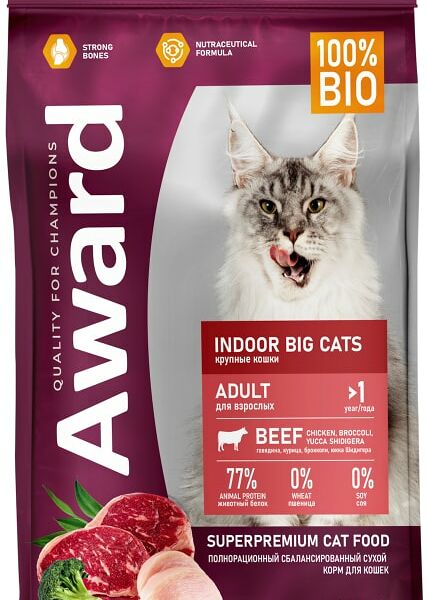 Сухой корм для кошек Award Indoor Big cats для крупных пород с говядиной и курицей с добавлением брокколи и юкки Шидигера 400г
