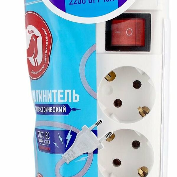 Удлинитель Ашан Красная птица с кнопкой 4 гнезда с заземлением 10А, 3 м