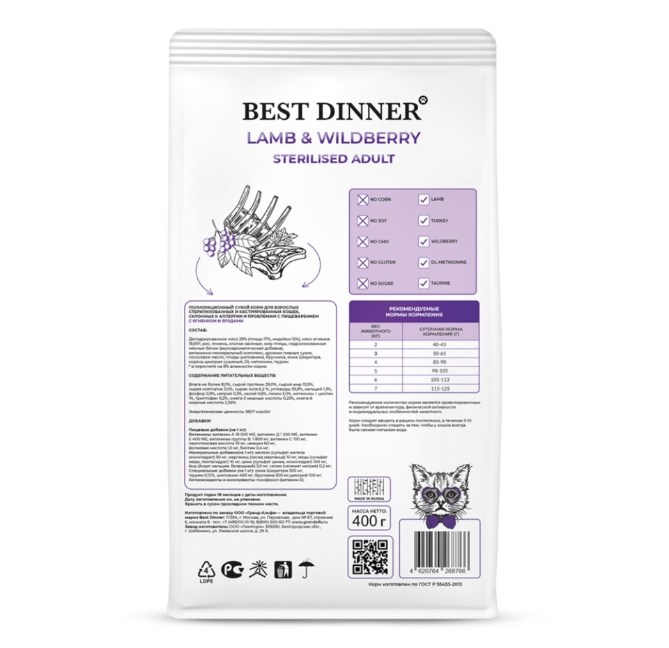 

Сухой корм для кошек Best Dinner Adult Sterilised Lamb&Wildberry Ягненок и ягоды 400 г