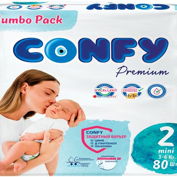 Подгузники Confy Premium Jumbo Размер 2 3-6кг 80шт