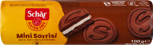 

Печенье-сэндвич безглютеновое Dr.Schar Mini Sorrisi, с какао и молочной начинкой 100 г