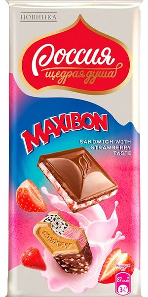 Шоколад Россия - щедрая душа Maxibon Молочный с двухслойной начинкой со вкусом клубники и печеньем 80г