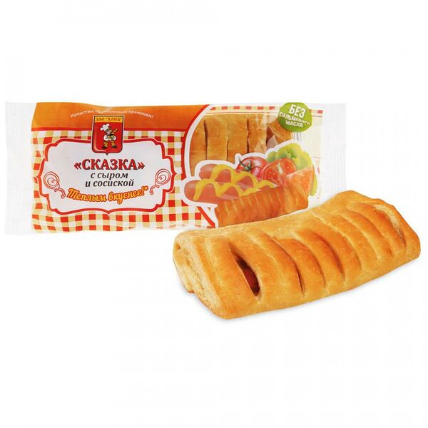 Слойка ЗАО Хлеб Сказка с сыром и сосиской