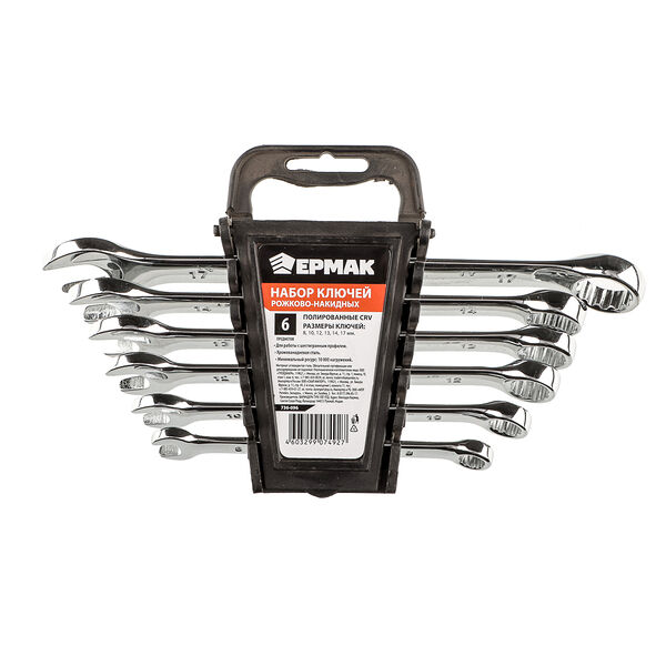 Ермак набор ключей рожково-накидных, 6 предм. 8-17мм, полированные crv, пластик холдер