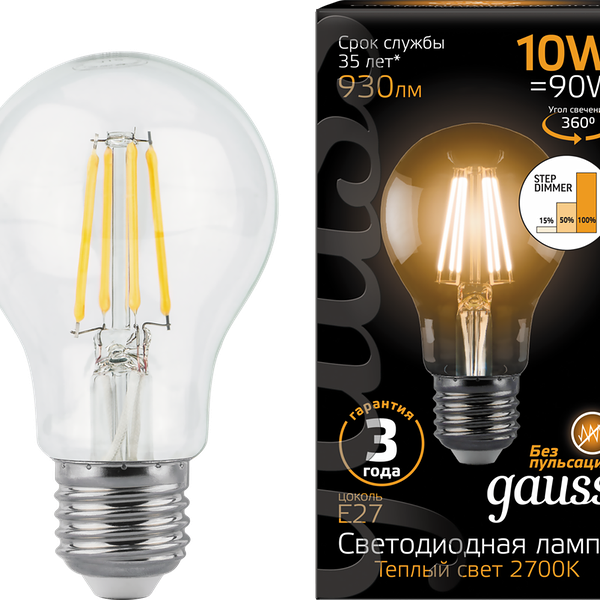 Лампа светодиодная Gauss Filam E27 10Вт тепый с диммером груша