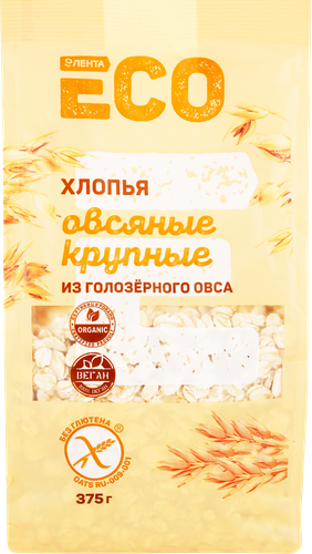 

Хлопья овсяные безглютеновые ЛЕНТА ECO из голозерного овса, 375г