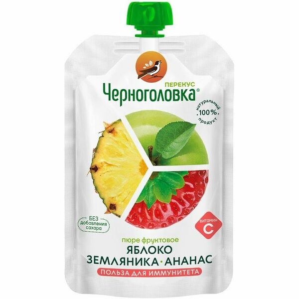 Пюре Черноголовка Перекус яблоко-земляника-ананас с 3 лет, 85г