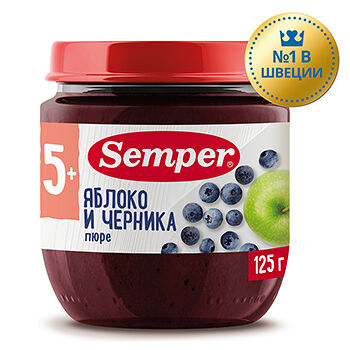 Пюре фруктовое Semper из яблок и черники с 5 месяцев 125г, Испания