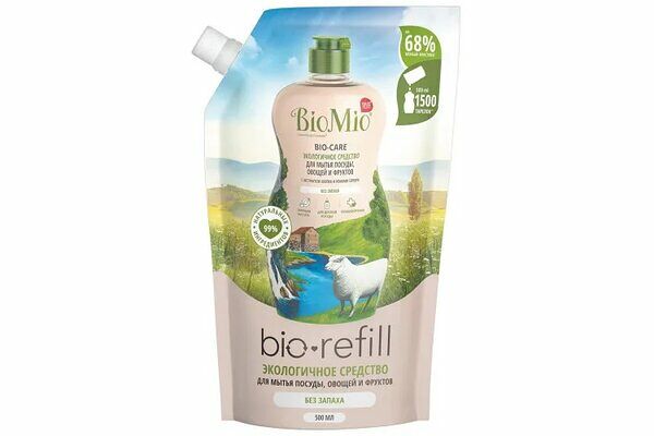 Средство для мытья посуды BioMio Экологичное с экстрактом хлопка и ионами серебра без запаха сменный блок