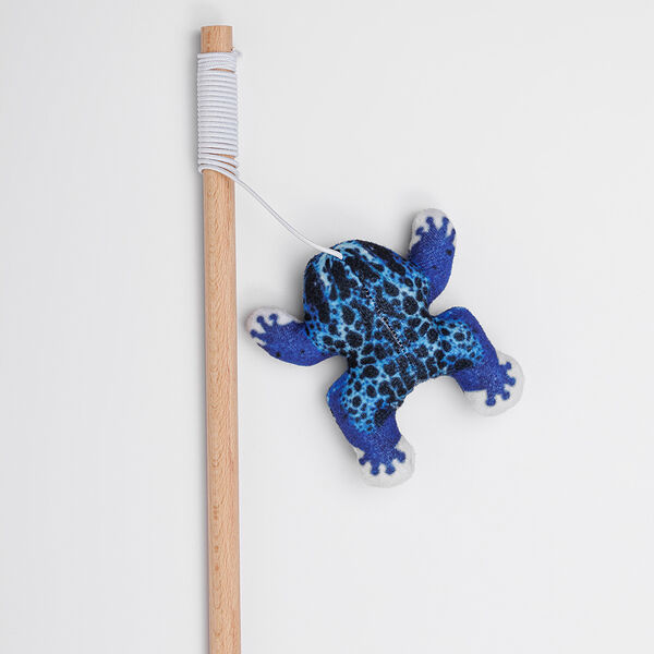 Игрушка-дразнилка с кошачьей мятой, валерианой и погремушкой для кошек Лягушка синяя, 11х3,5х1,7 см, удочка 40 см