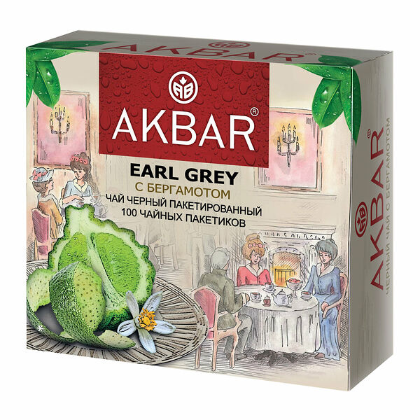 Чай Akbar Earl Grey черный байховый с ароматом бергамота, 100 пакетиков