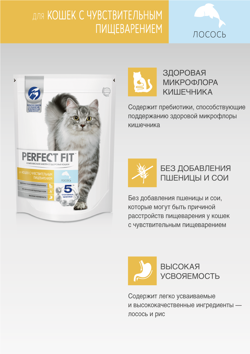

Сухой корм Perfect Fit Sensitive Лосось для взрослых кошек с чувствительным пищеварением 650 г