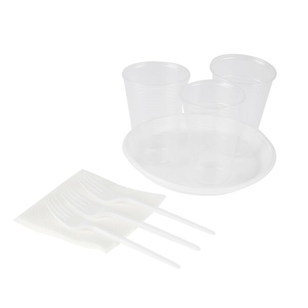 Набор одноразовой посуды: вилка, стакан, тарелка, салфетки, всё по 3 шт