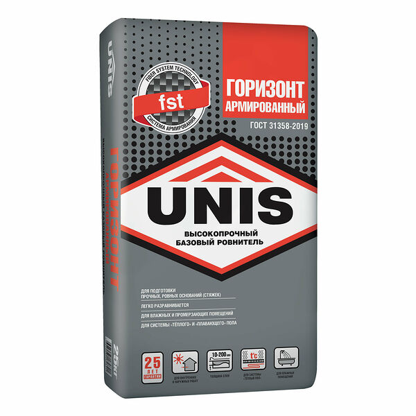 Стяжка UNIS горизонт армированный, сухая смесь, 25 кг, для внутренних работ