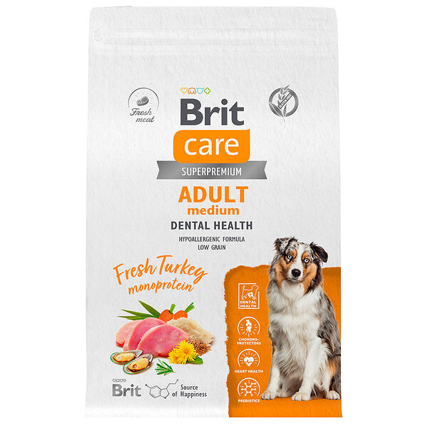Сухой корм для собак средних пород Brit Care Dog Adult Dental Health с индейкой 3 кг