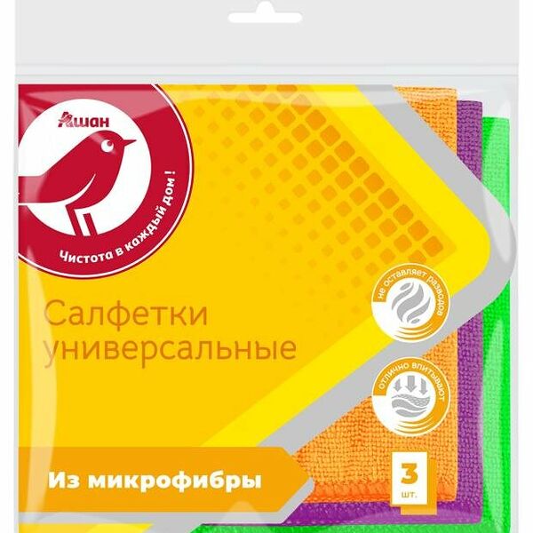 Салфетка Ашан Красная птица из микрофибры, 3 шт