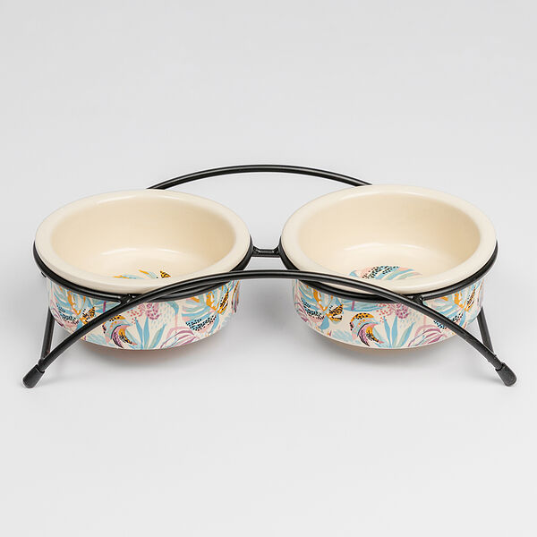 Миска керамическая двойная на подставке для кошек, 2 шт. по 12,5x5 см, c рисунком монстеры