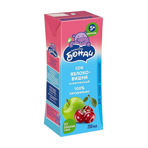 Сок Бегемотик Бонди Яблоко-Вишня без сахара 0.2л