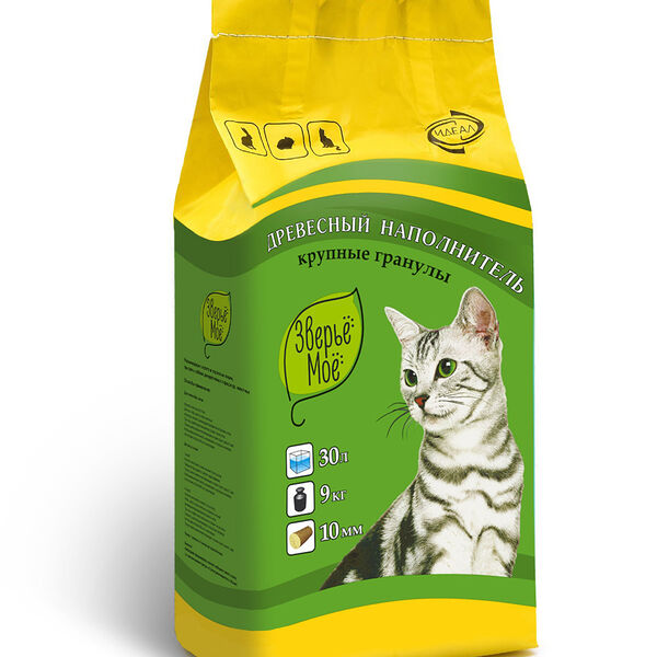 Наполнитель для кошачьего туалета, древесный, впитывающий, крупные гранулы