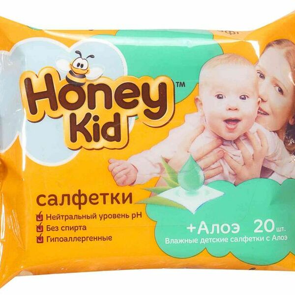 Салфетки влажные детские Honey Kid с алоэ, 20шт