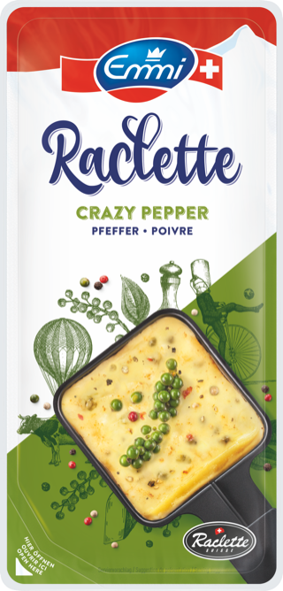 

Сыр полутвердый Emmi Crazy Pepper Раклетт с перцем, порционный, БЗМЖ, 45% 150 г