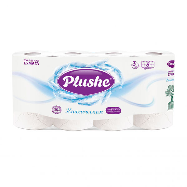 Туалетная бумага Plushe Deluxe сирень 3-х слойная, 8 рул.