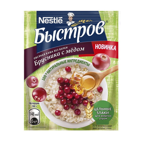 Быстров. Без варки. Каша овсяная,не треб.варки, с брусникой и медом 40 г