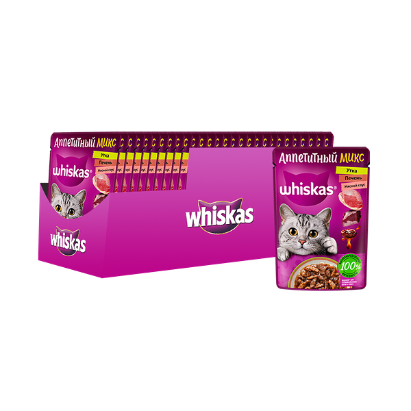 Корм для кошек WHISKAS Аппетитный микс утка, печень в мясном соусе пауч 75г (упаковка - 28 шт)