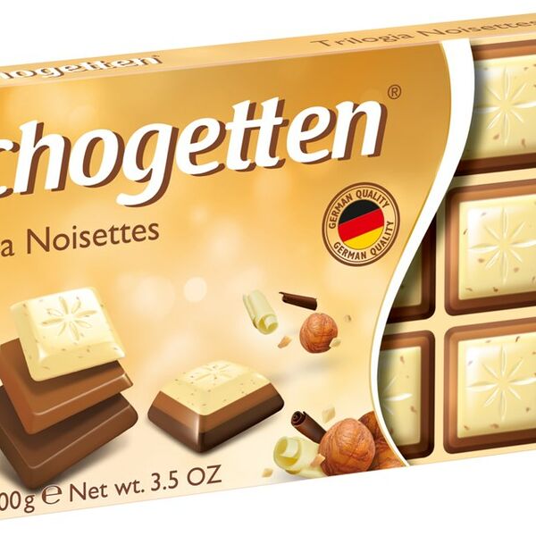 Шоколад Trilogia Schogetten молочный, белый с грильяжем и фундуком, с джандуей и фундуком