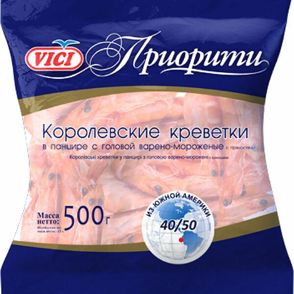 Креветки Vici королевские в панцире варено-мороженные 40/50, 500 г