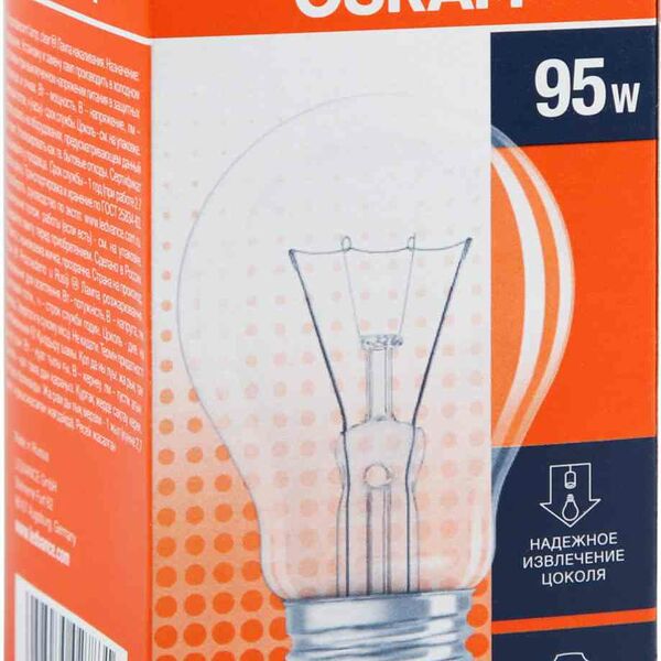 Лампа накаливания Osram Е27 прозрачная, груша, 95 Вт