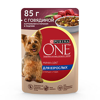 Корм влажный Purina ONE Мини для взрослых собак мелких пород, говядина, картофель и горох