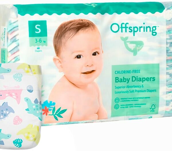 Подгузники Offspring Динозавры S 3-6кг 48шт