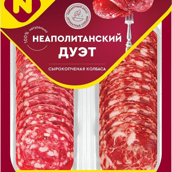 Колбасы Останкино Неаполитанский дуэт сырокопченые полусухие нарезка