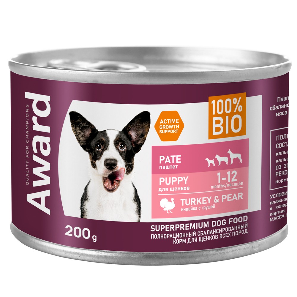 

Влажный корм Award Puppy паштет из индейки с грушей для щенков от 1 месяца всех пород 200 г