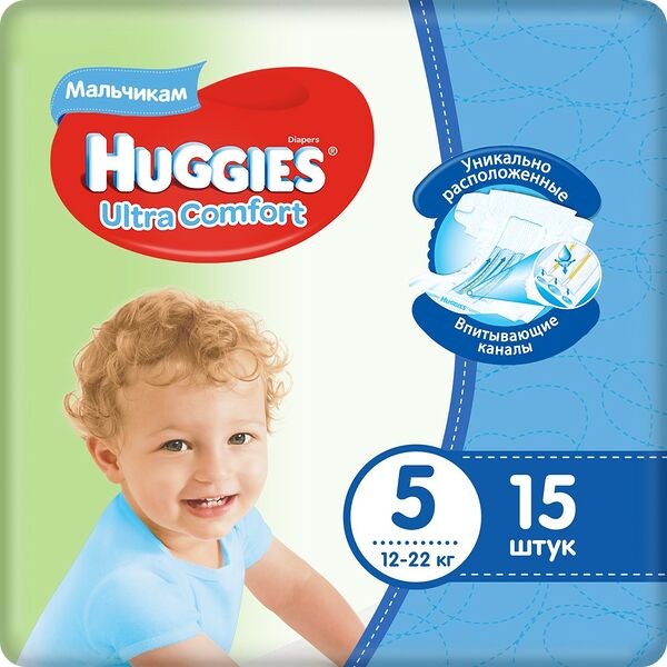 Huggies подгузники Ultra Comfort 5 (12-22кг) для мальчиков 15 шт