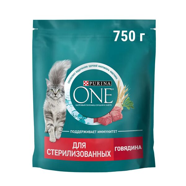 Сухой корм Purina ONE Sterilised для взрослых стерилизованных кошек и кастрированных котов, с говядиной и пшеницей, 750г